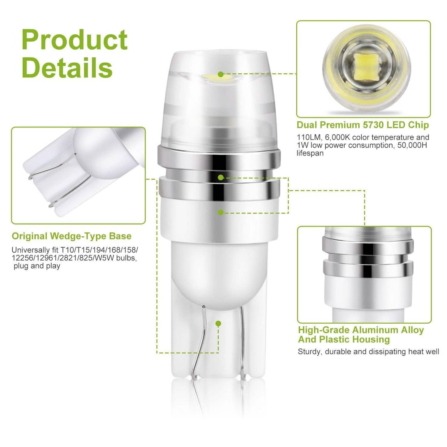10-Piece: Xenon White Wedge Base LED Bulbs