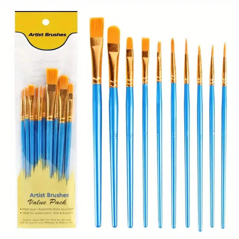 10-Pieces: Artist Paintbrush Nylon Round Pointed Flat Head Set