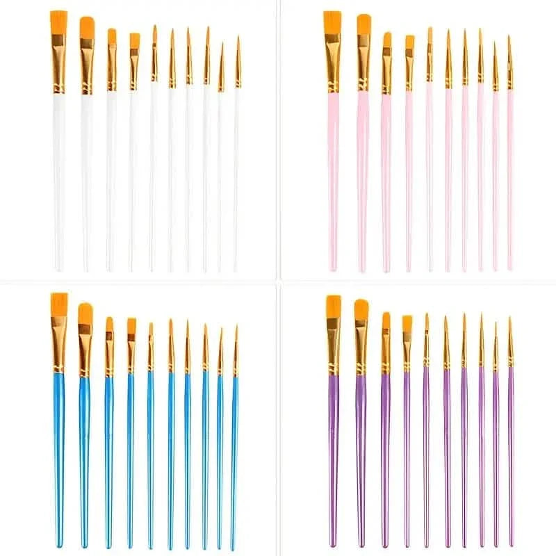 10-Pieces: Artist Paintbrush Nylon Round Pointed Flat Head Set