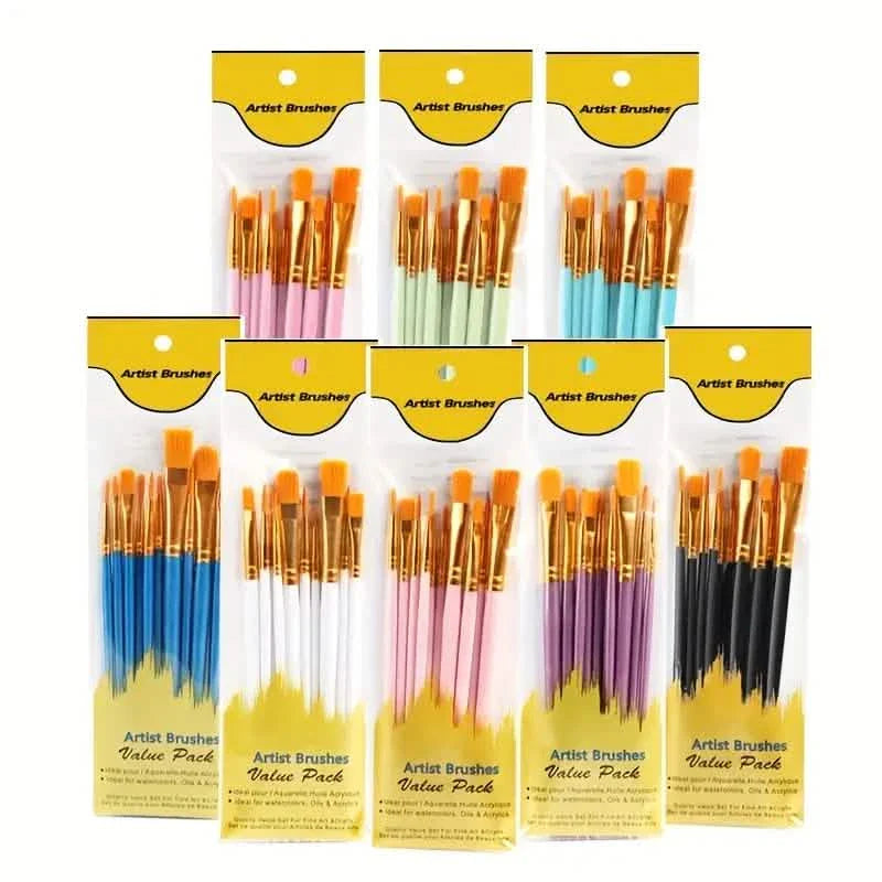 10-Pieces: Artist Paintbrush Nylon Round Pointed Flat Head Set