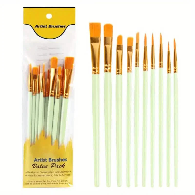 10-Pieces: Artist Paintbrush Nylon Round Pointed Flat Head Set