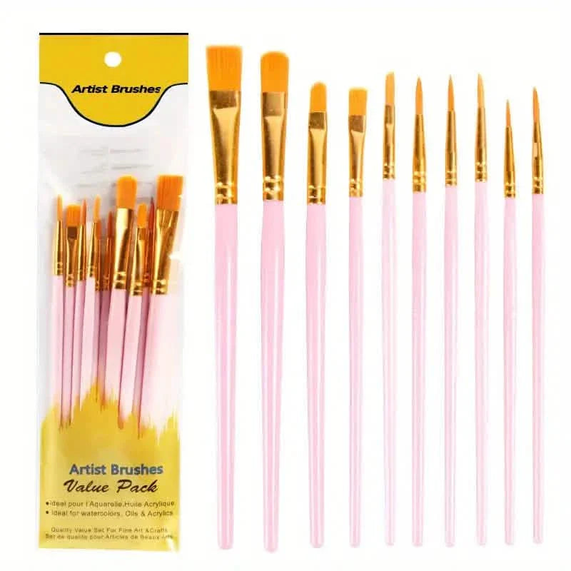 10-Pieces: Artist Paintbrush Nylon Round Pointed Flat Head Set