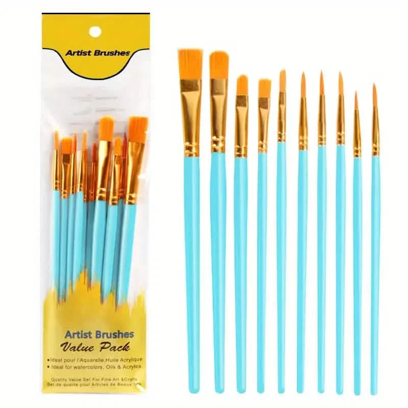 10-Pieces: Artist Paintbrush Nylon Round Pointed Flat Head Set