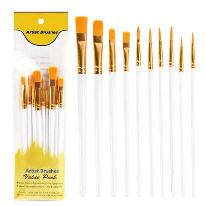 10-Pieces: Artist Paintbrush Nylon Round Pointed Flat Head Set