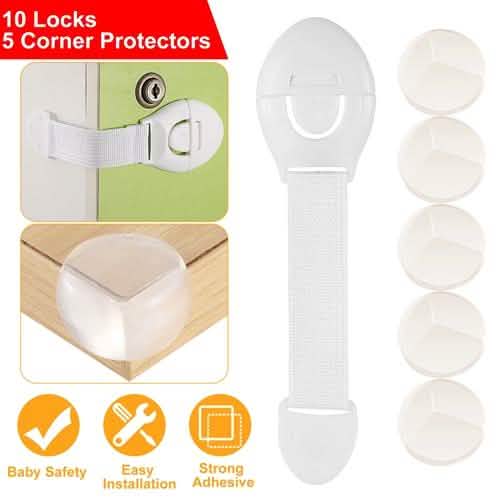 10-Pieces: Kids Safety Locks with 5 Furniture Corner Protectors