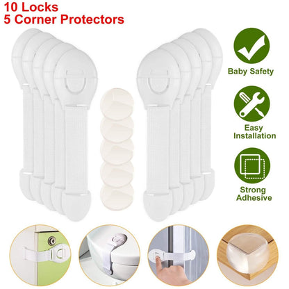 10-Pieces: Kids Safety Locks with 5 Furniture Corner Protectors