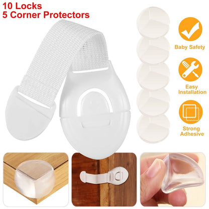 10-Pieces: Kids Safety Locks with 5 Furniture Corner Protectors