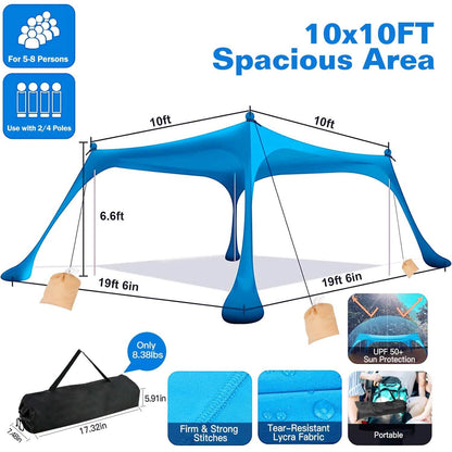 10 x 10 ft Sun Shelter Family Beach Tent Outdoor Shade UPF50+ with Sandbag
