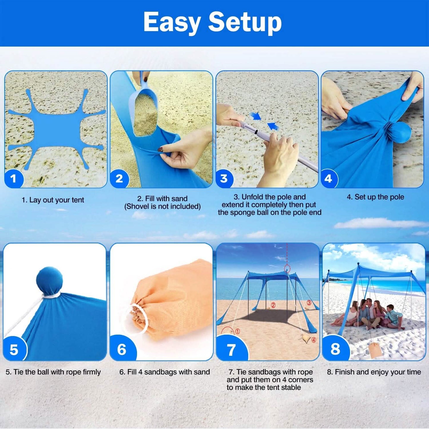 10 x 10 ft Sun Shelter Family Beach Tent Outdoor Shade UPF50+ with Sandbag