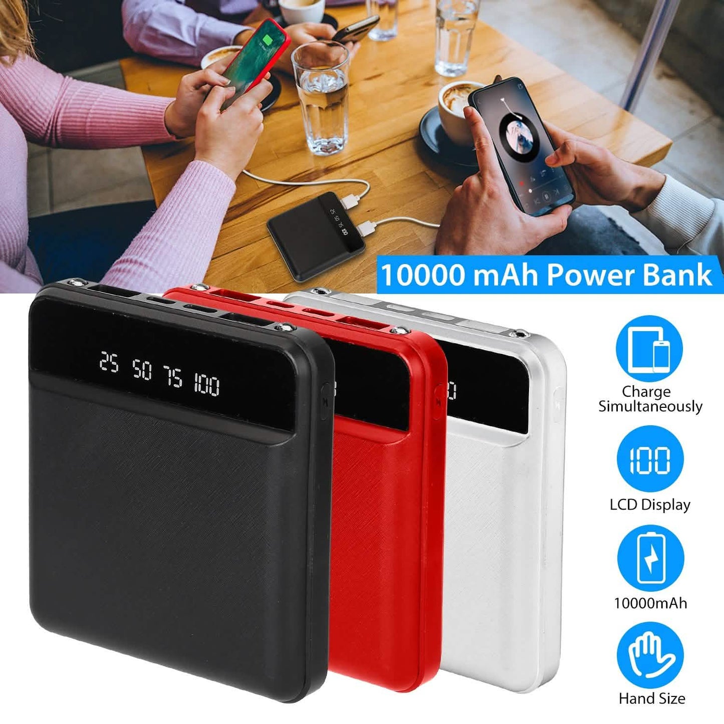 10000 mAh Portable Powerbank Mini with Dual USB Ports LCD Display