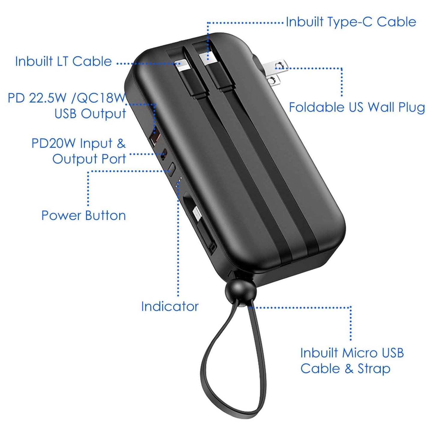 10000mAh Portable Charger with US Plug 3 Inbuilt Cables