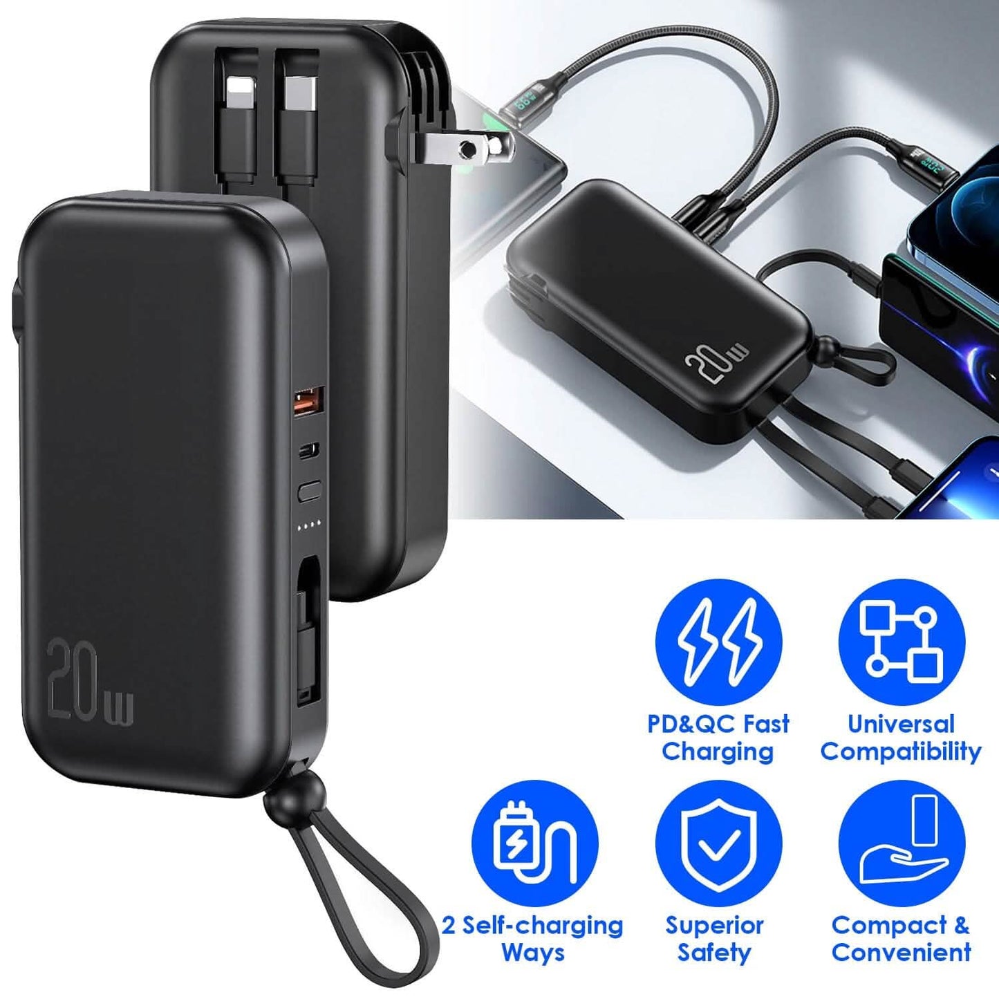 10000mAh Portable Charger with US Plug 3 Inbuilt Cables