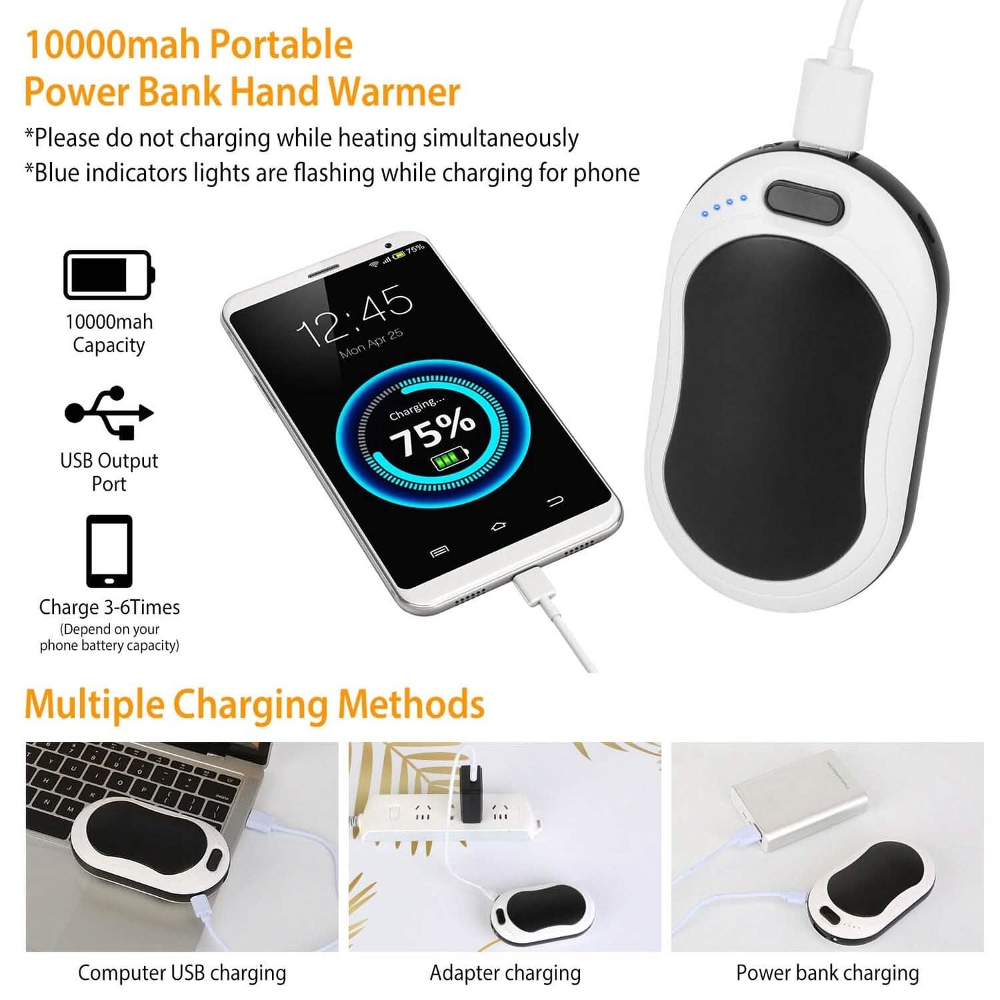 10000mAh Power Bank Rechargeable Pocket Warmer Double-Sided Heating