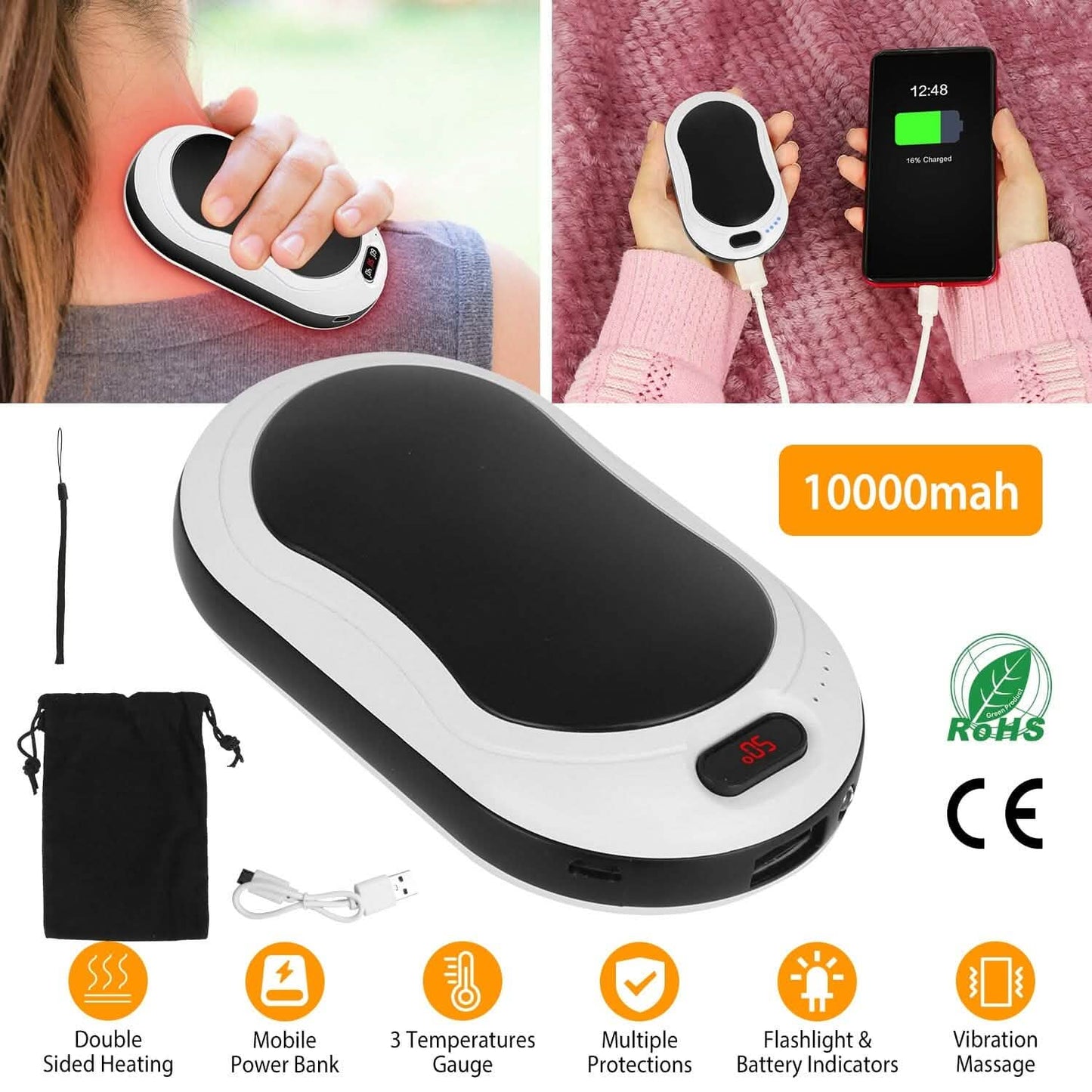 10000mAh Power Bank Rechargeable Pocket Warmer Double-Sided Heating
