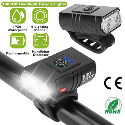 1000LM Bike Front Light Rechargeable Handlebar Head Light with 6 Lighting Modes