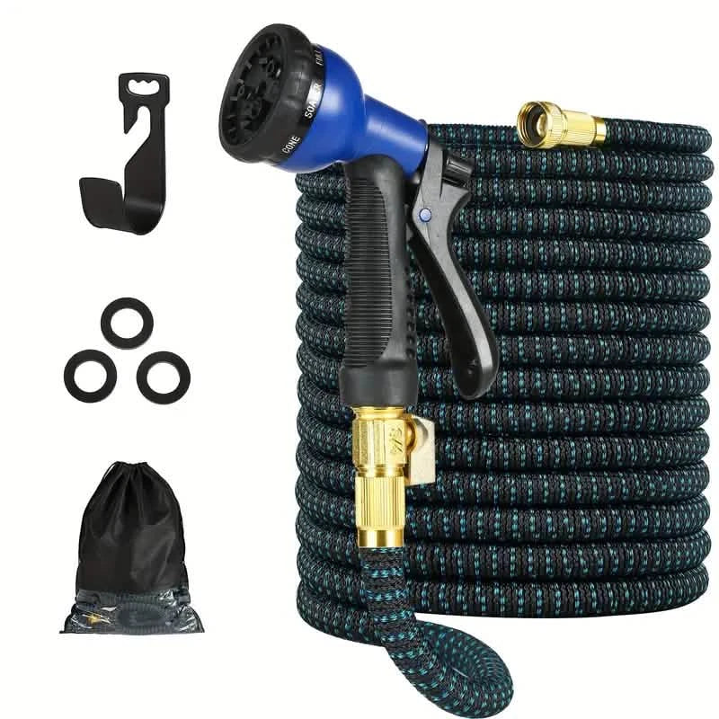 100ft Lightweight & No-Kink Flexible Garden Hose - 8 Function Nozzle, 3/4 Inch Solid Brass Fittings