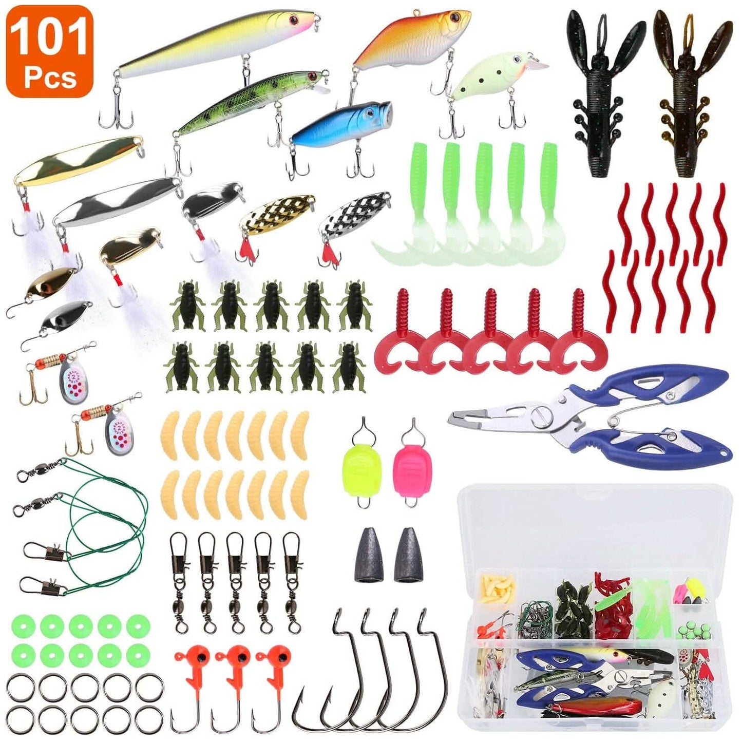 101-Pieces: Fishing Lure Kit Soft Plastic Fishing Baits Set with Soft Worms Crankbaits Box