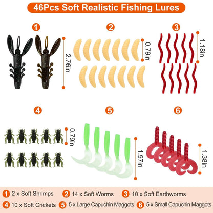 101-Pieces: Fishing Lure Kit Soft Plastic Fishing Baits Set with Soft Worms Crankbaits Box