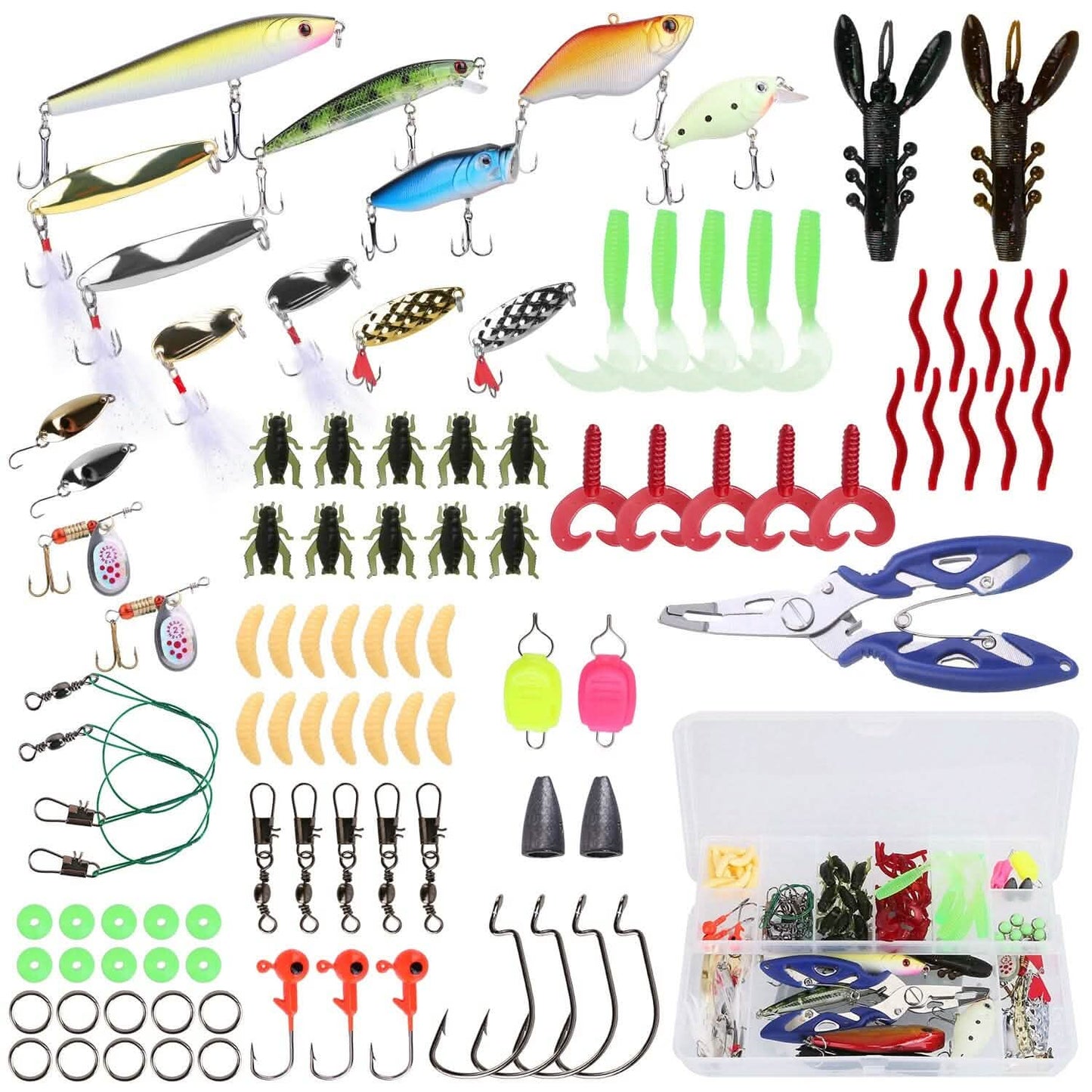 101-Pieces: Fishing Lure Kit Soft Plastic Fishing Baits Set with Soft Worms Crankbaits Box