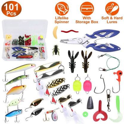 101-Pieces: Fishing Lure Kit Soft Plastic Fishing Baits Set with Soft Worms Crankbaits Box