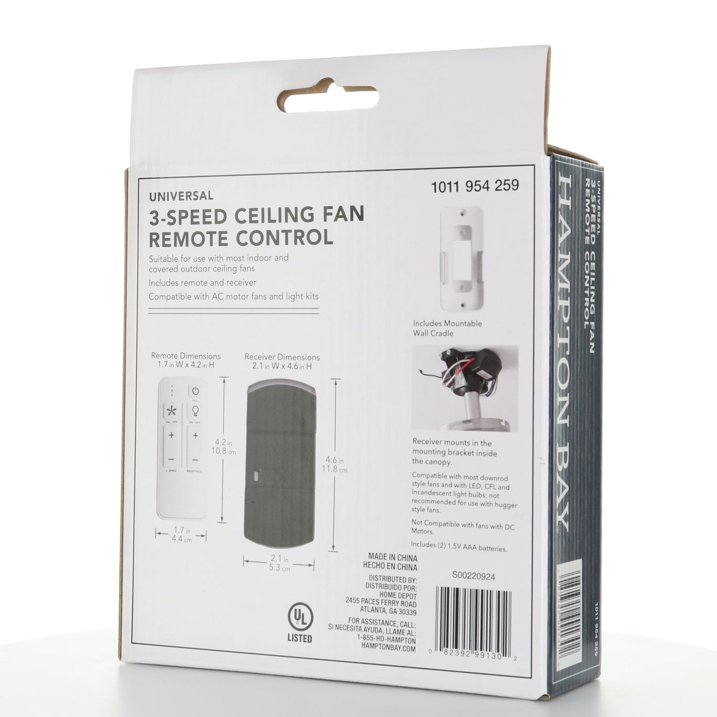 Hampton Bay White Universal 3-speed Damp Rated Ceiling Fan Remote Control with Dimmer