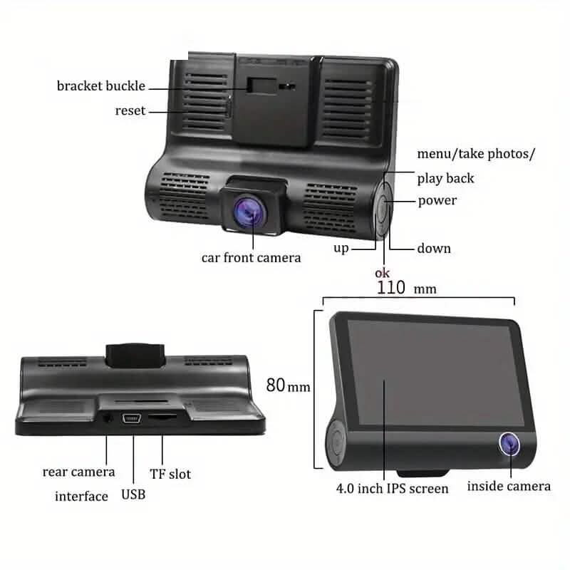 1080P 3-Camera Recorder Dash Cam with Night Vision