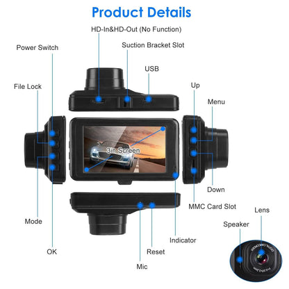 1080P Car DVR 3" Camera Dash Cam with 100° Angle Loop Recording Motion Detection