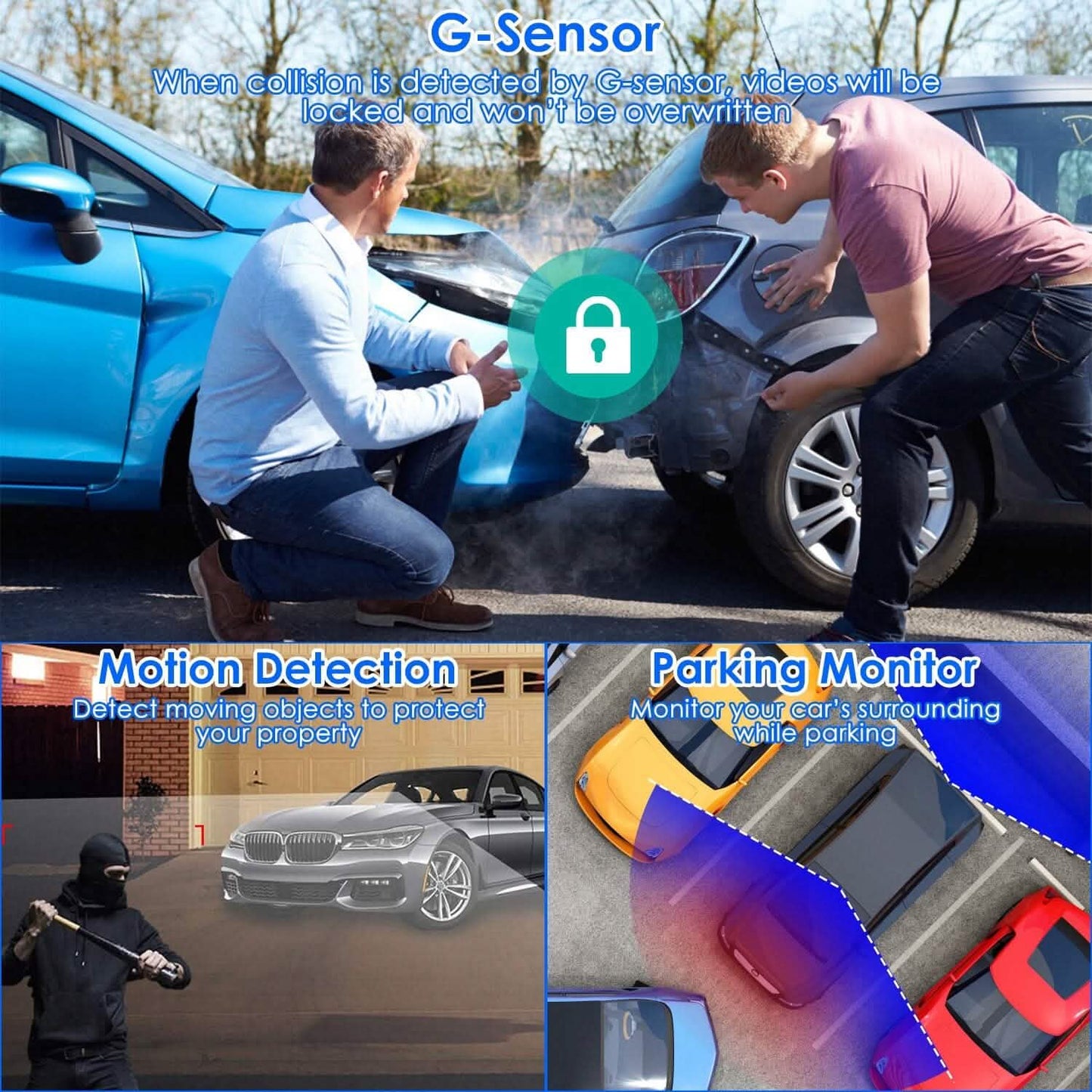 1080P Dual Dash Cam 3" Screen with Front and Rear Camera G-Sensor Motion Night Vision Loop Recording