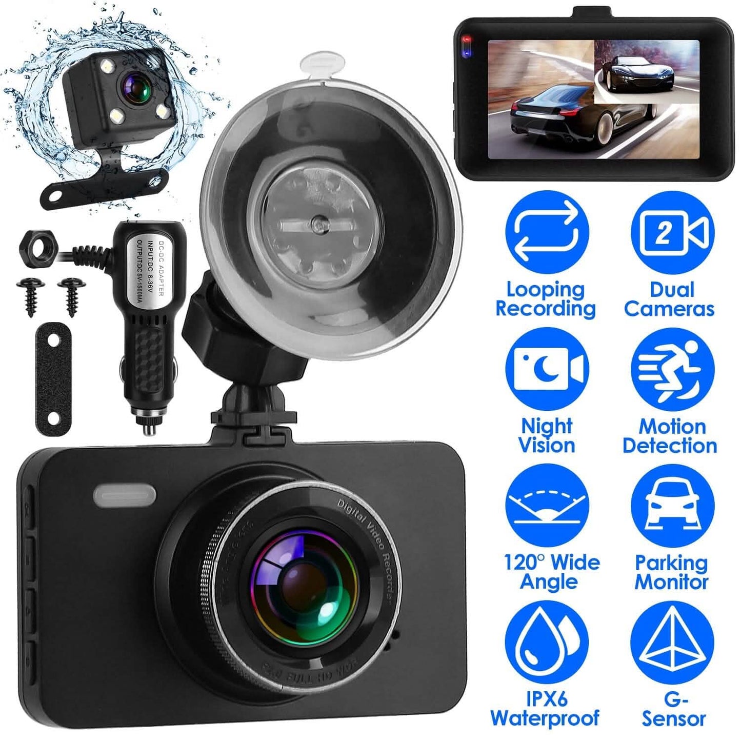 1080P Dual Dash Cam 3" Screen with Front and Rear Camera G-Sensor Motion Night Vision Loop Recording