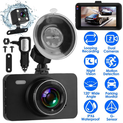 1080P Dual Dash Cam 3" Screen with Front and Rear Camera G-Sensor Motion Night Vision Loop Recording