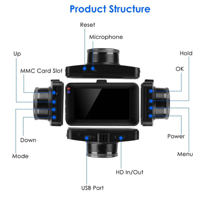 1080P Dual Dash Cam 3" Screen with Front and Rear Camera G-Sensor Motion Night Vision Loop Recording