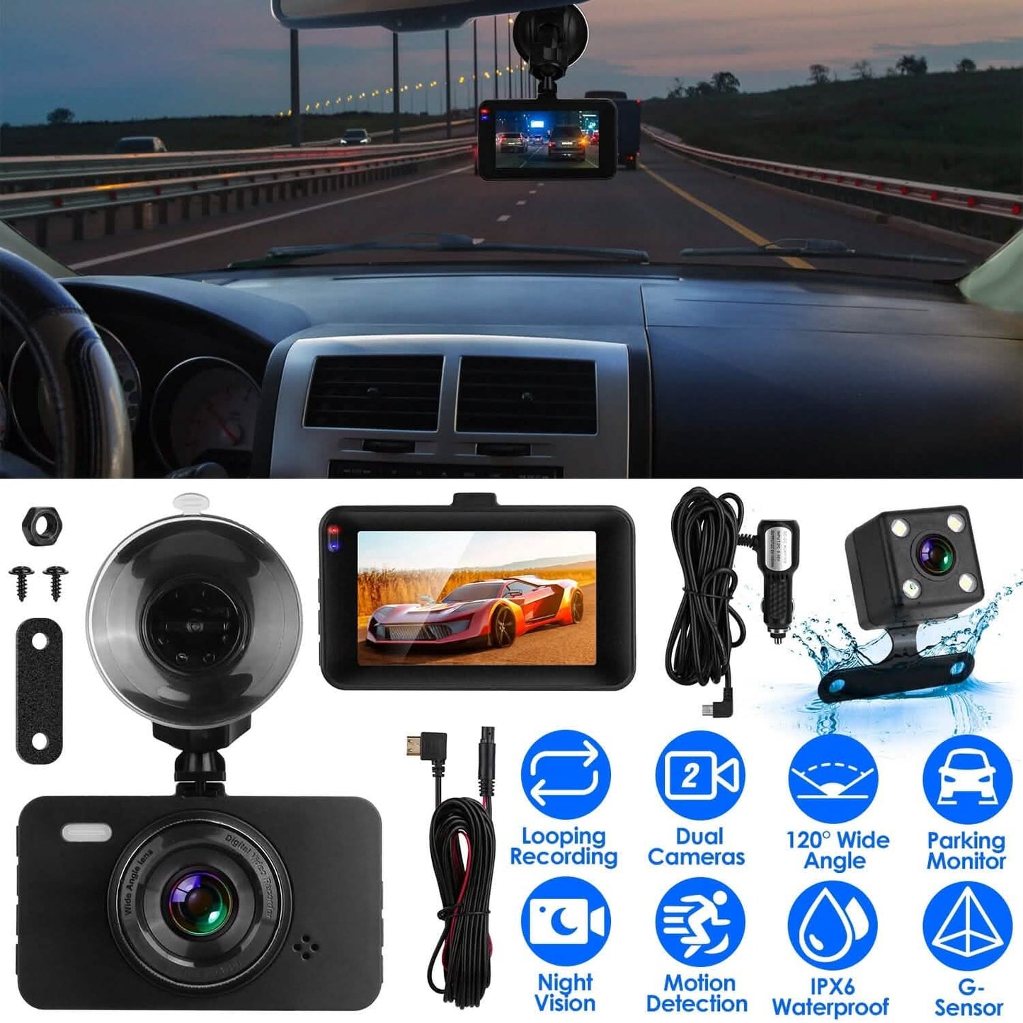 1080P Dual Dash Cam 3" Screen with Front and Rear Camera G-Sensor Motion Night Vision Loop Recording