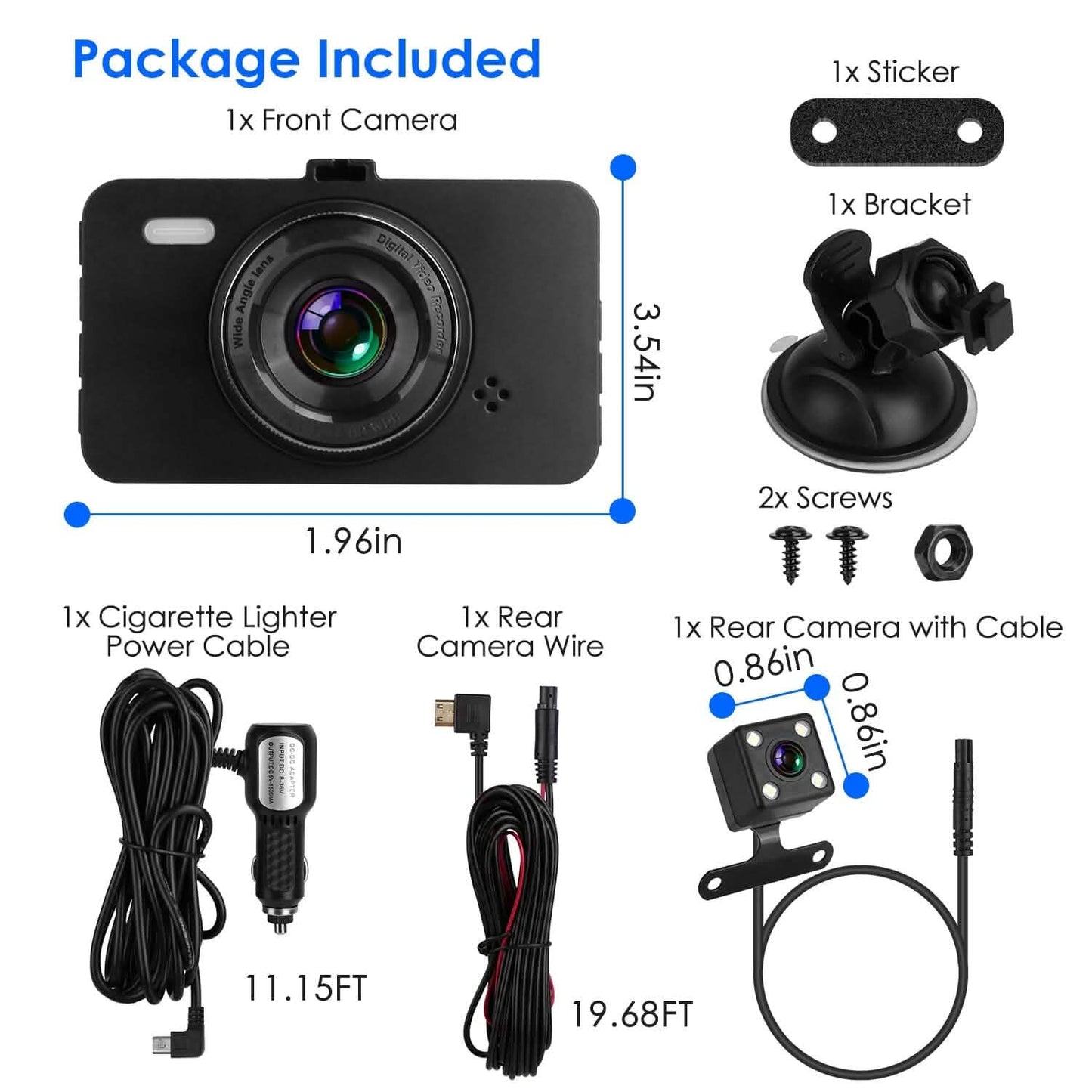 1080P Dual Dash Cam 3" Screen with Front and Rear Camera G-Sensor Motion Night Vision Loop Recording