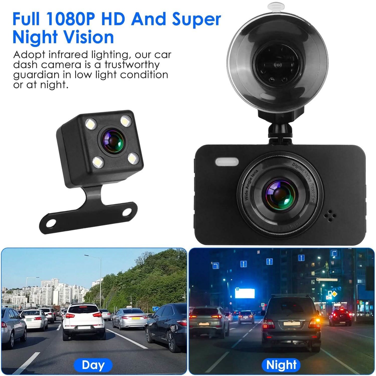 1080P Dual Dash Cam 3" Screen with Front and Rear Camera G-Sensor Motion Night Vision Loop Recording