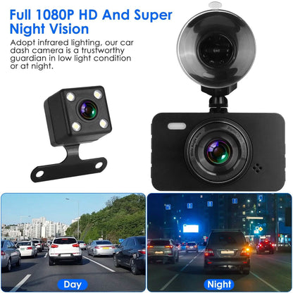 1080P Dual Dash Cam 3" Screen with Front and Rear Camera G-Sensor Motion Night Vision Loop Recording