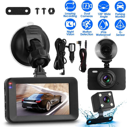1080P Dual Dash Cam 3" Screen with Front and Rear Camera G-Sensor Motion Night Vision Loop Recording