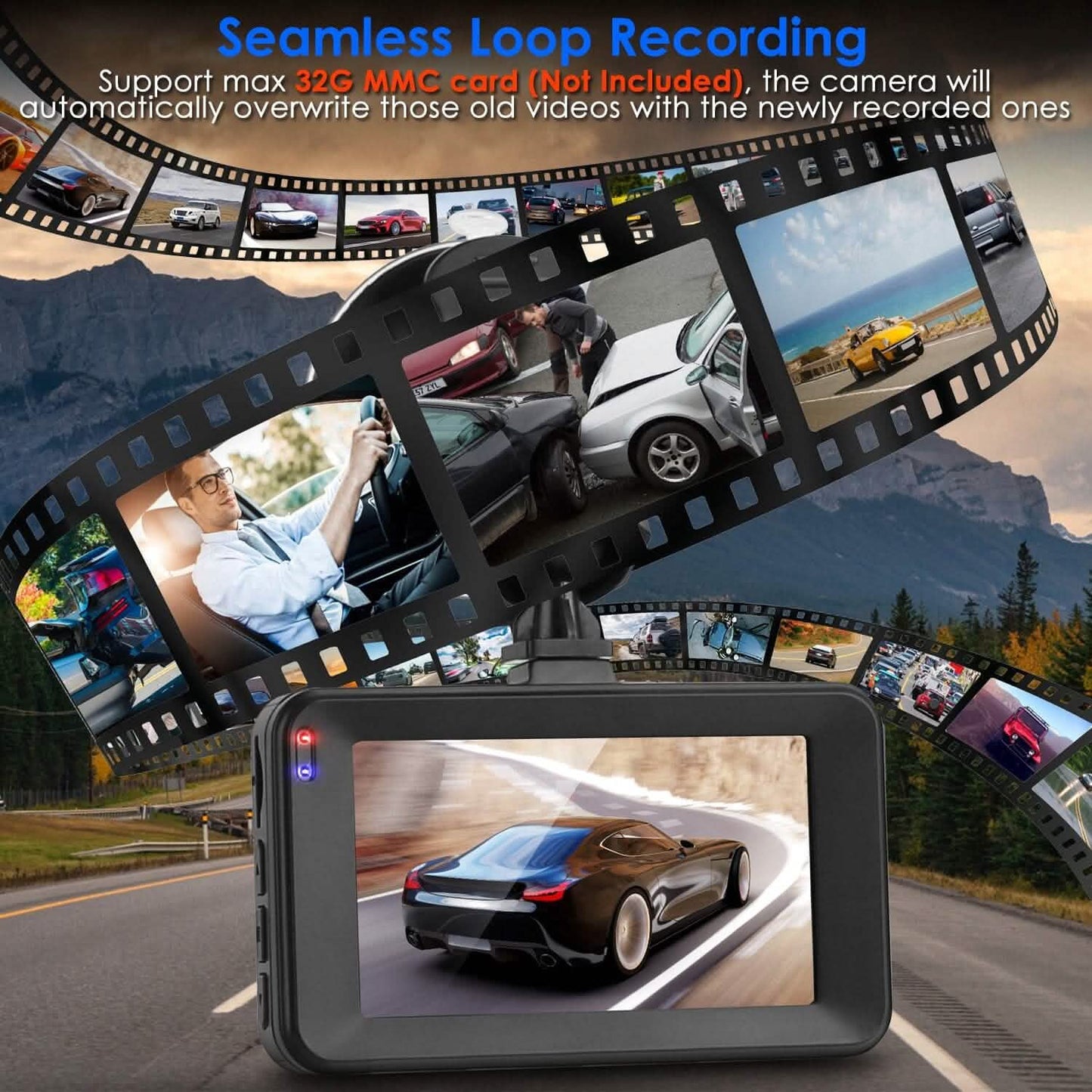 1080P Dual Dash Cam 3" Screen with Front and Rear Camera G-Sensor Motion Night Vision Loop Recording