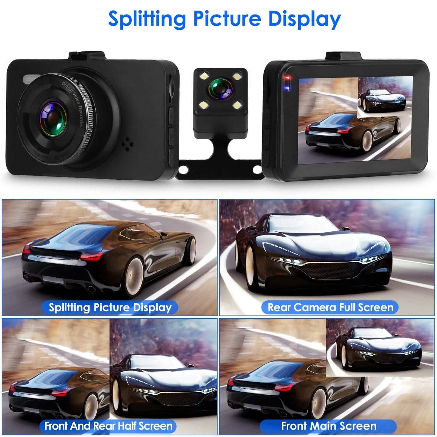 1080P Dual Dash Cam 3" Screen with Front and Rear Camera G-Sensor Motion Night Vision Loop Recording