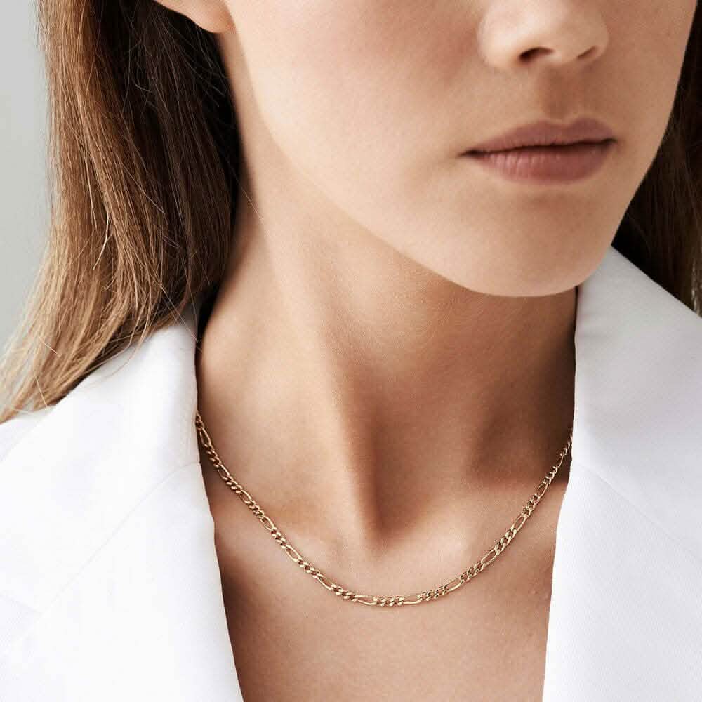 10K Solid Gold 3MM Italian Figaro Chain Link Pendant Necklace