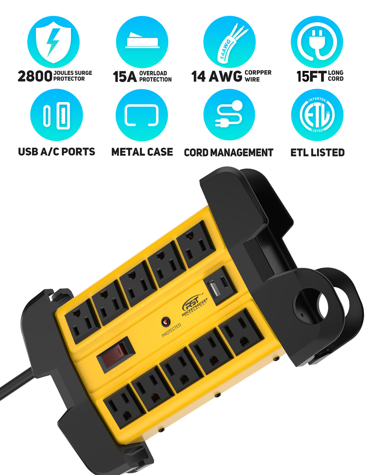 CRST 10-Outlet Heavy Duty Metal Power Strip | USB-C, 2800J Surge, ETL Listed