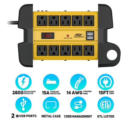 CRST 10-Outlet Metal Power Strip Surge Protector, 2800 Joules, 15ft with Cord Management