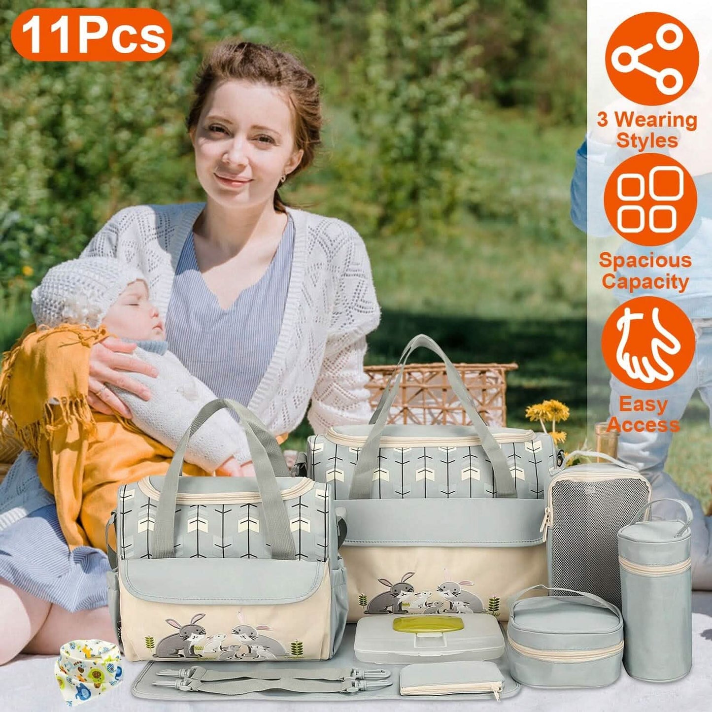11-Piece Set: Multifunctional Diaper Handbags with Food Bag