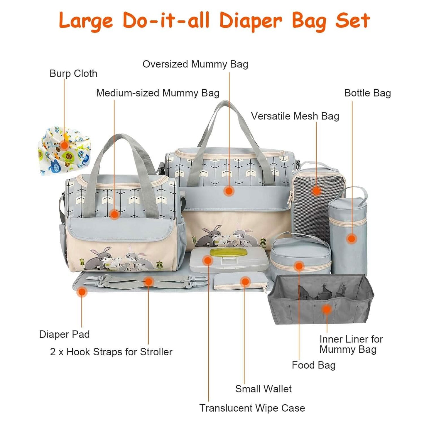 11-Piece Set: Multifunctional Diaper Handbags with Food Bag