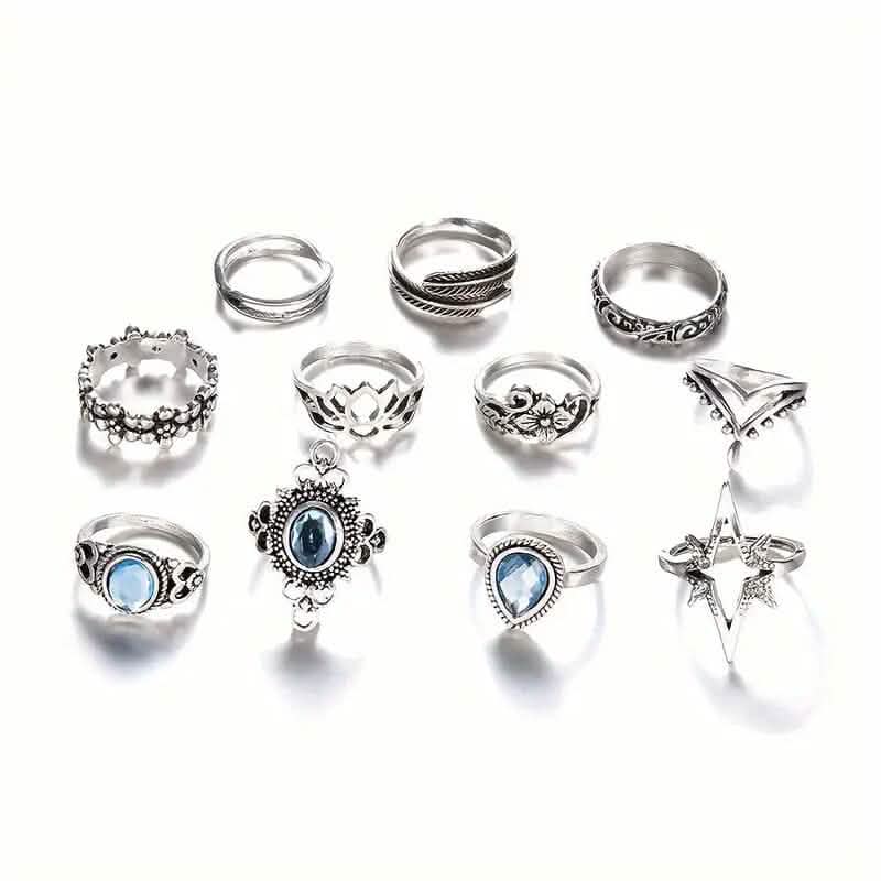 11-Pieces: Vintage Synthetic Gemstone Ring Set