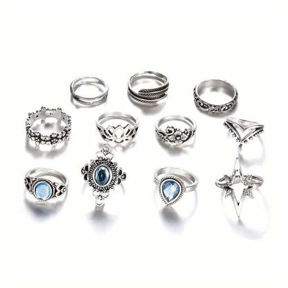 11-Pieces: Vintage Synthetic Gemstone Ring Set