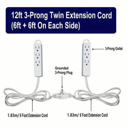 12-Foot Long Extension Cord Power Strip with 6 Feet on Each Side 13A 125V 1625W