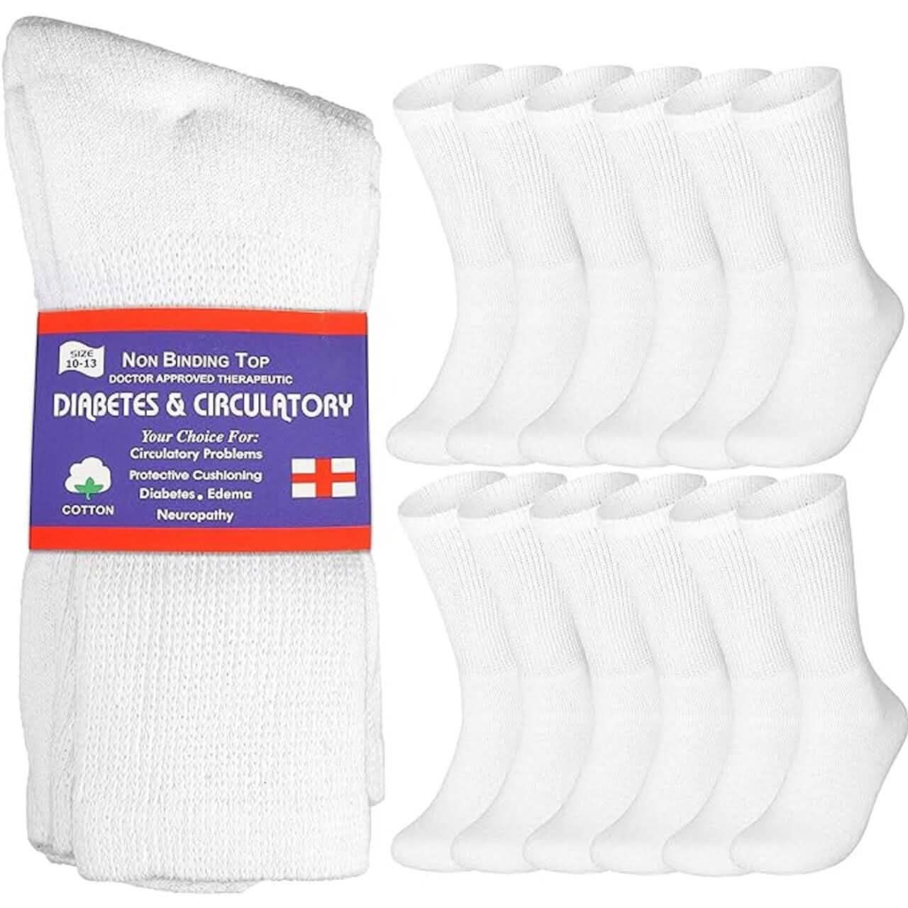 12-Pairs: Cotton Non-Binding Diabetic and Circulatory Crew Socks