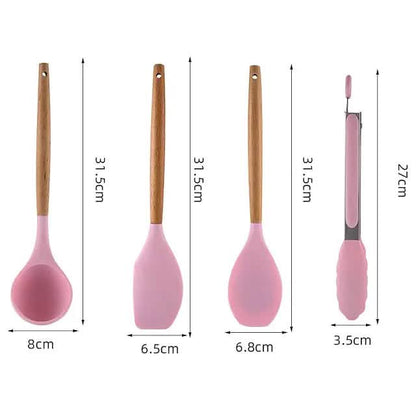 12-Piece: Wood Handle Silicone Kitchenware