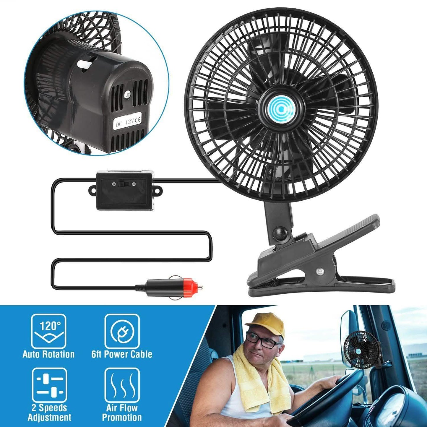 12V Car Fan Oscillating Clip on Cooling Fan with 2 Speeds 120° Rotation