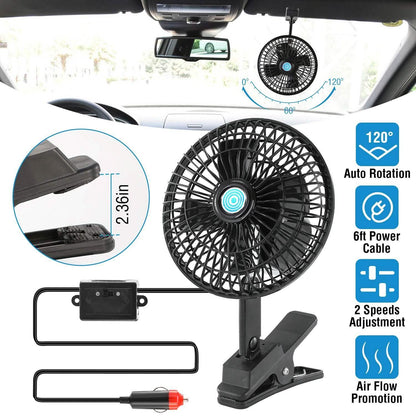12V Car Fan Oscillating Clip on Cooling Fan with 2 Speeds 120° Rotation